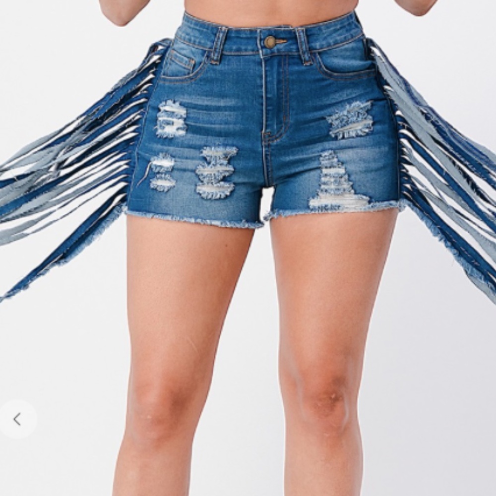 Denim shorts with side fringe - Picture 5 of 8